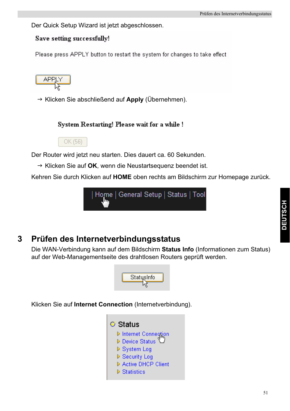 3prüfen des internetverbindungsstatus | Topcom Skyr@cer WBR 7201 N User Manual | Page 57 / 120