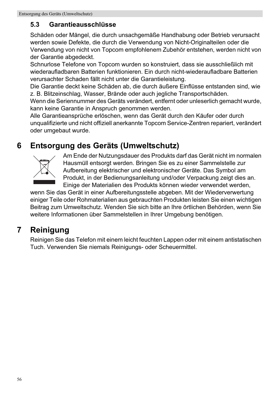 6entsorgung des geräts (umweltschutz), 7reinigung | Topcom Skyr@cer WBR 7201 N User Manual | Page 62 / 120