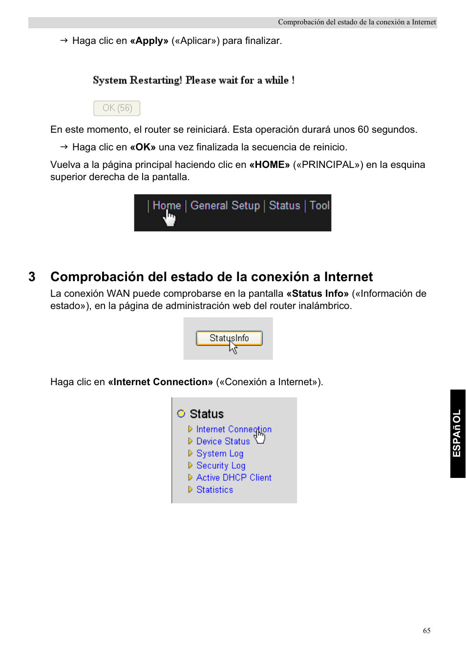 3comprobación del estado de la conexión a internet | Topcom Skyr@cer WBR 7201 N User Manual | Page 71 / 120