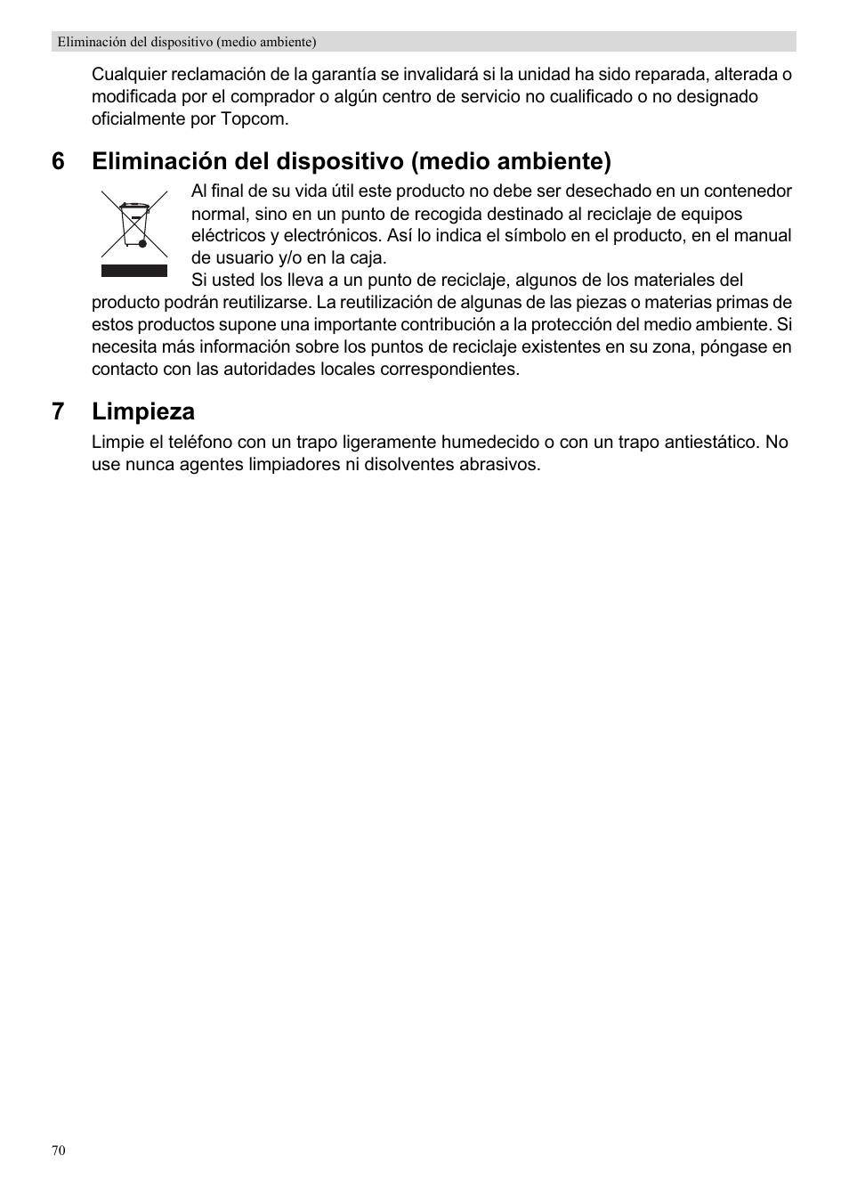 6eliminación del dispositivo (medio ambiente), 7limpieza | Topcom Skyr@cer WBR 7201 N User Manual | Page 76 / 120