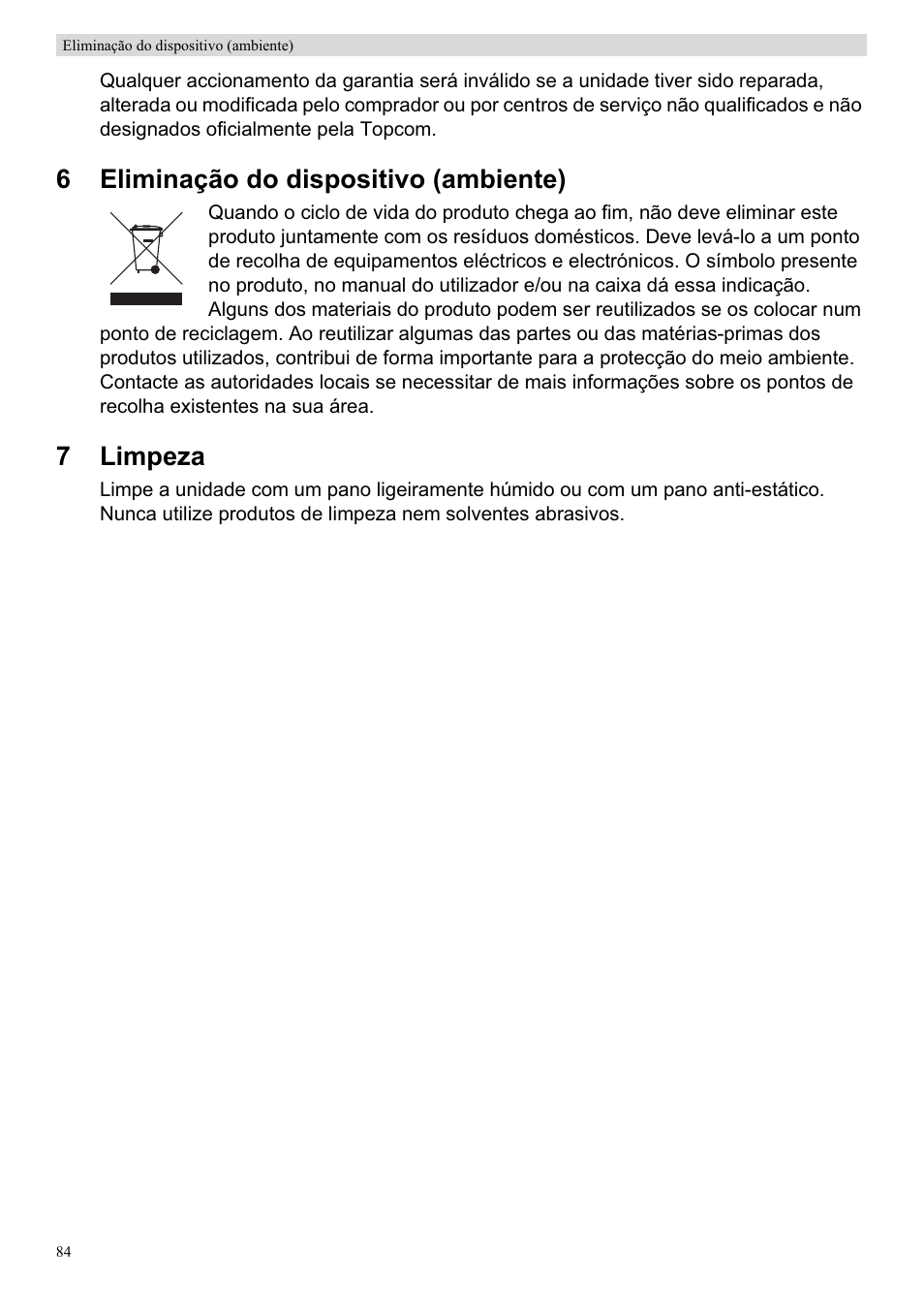 6eliminação do dispositivo (ambiente), 7limpeza | Topcom Skyr@cer WBR 7201 N User Manual | Page 90 / 120