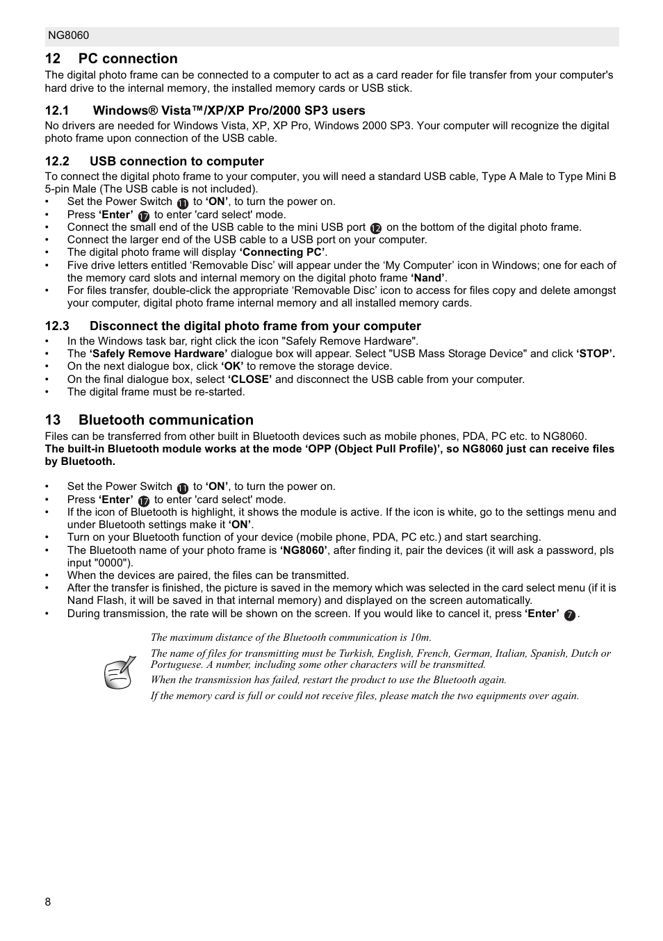 12 pc connection, 13 bluetooth communication | Topcom NG8060 User Manual | Page 8 / 10