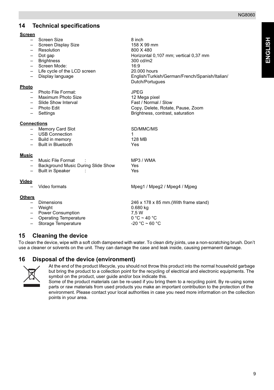 English, 14 technical specifications 15 cleaning the device, 16 disposal of the device (environment) | Topcom NG8060 User Manual | Page 9 / 10