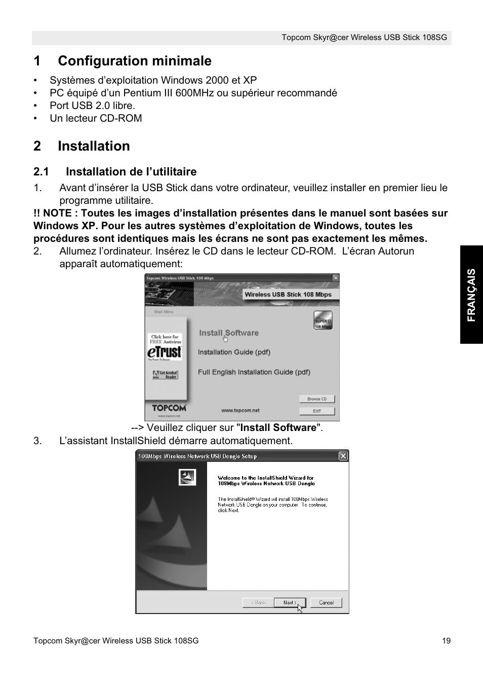 1configuration minimale, 2installation | Topcom SKYR@CER 8144827 User Manual | Page 19 / 76