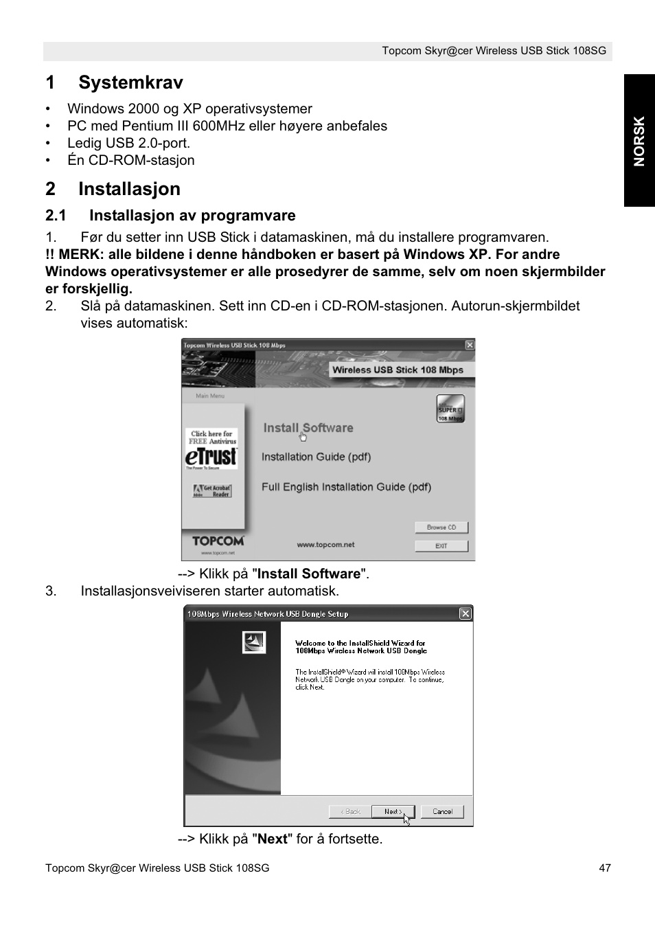 1systemkrav, 2installasjon | Topcom SKYR@CER 8144827 User Manual | Page 47 / 76