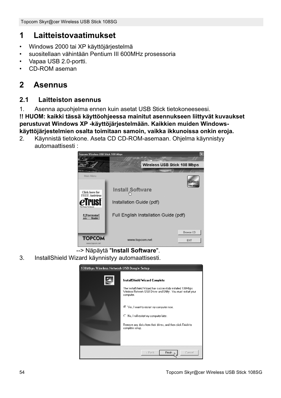 1laitteistovaatimukset, 2asennus | Topcom SKYR@CER 8144827 User Manual | Page 54 / 76