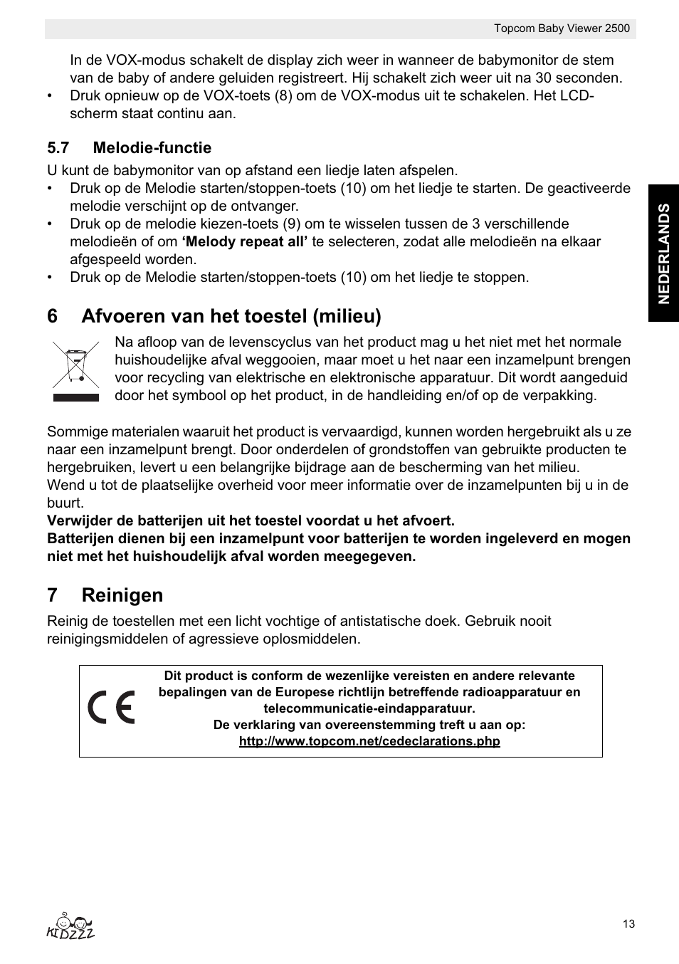 6afvoeren van het toestel (milieu), 7reinigen | Topcom 2500 User Manual | Page 13 / 104