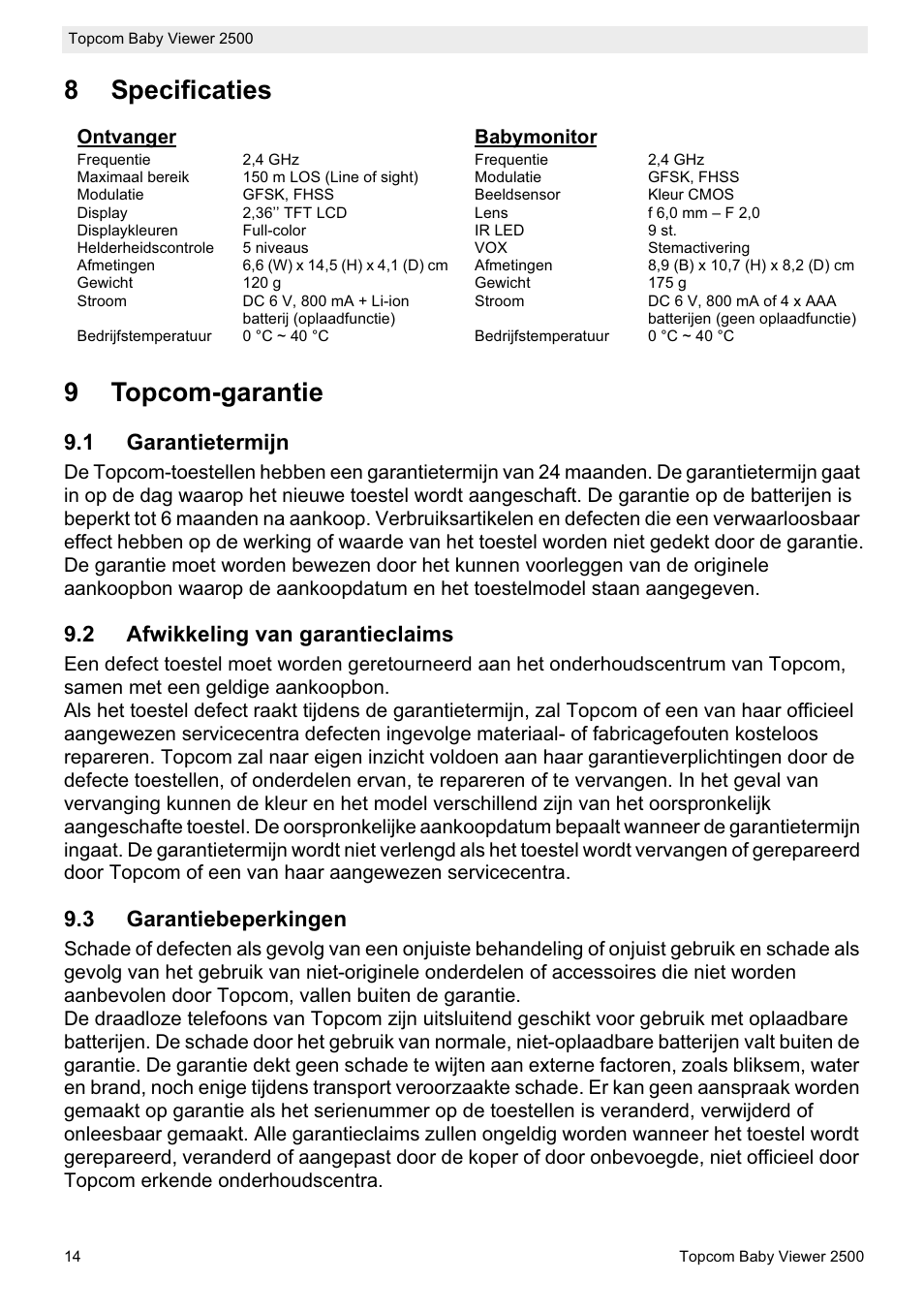 8specificaties 9 topcom-garantie | Topcom 2500 User Manual | Page 14 / 104