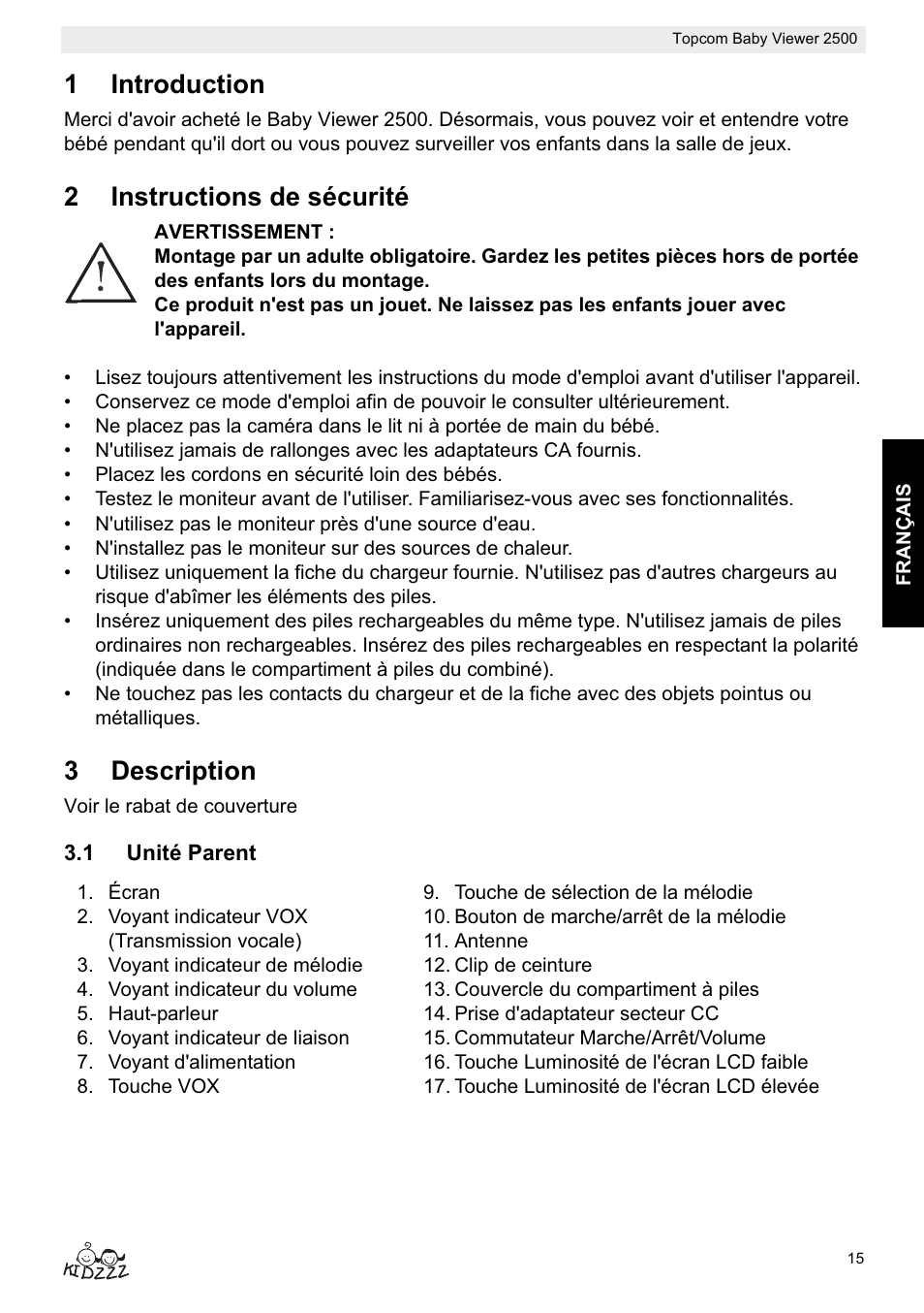 1introduction, 2instructions de sécurité, 3description | Topcom 2500 User Manual | Page 15 / 104