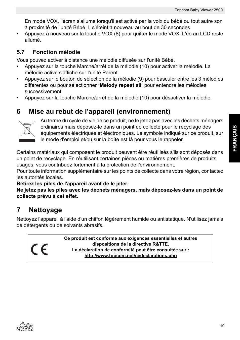 6mise au rebut de l'appareil (environnement), 7nettoyage | Topcom 2500 User Manual | Page 19 / 104