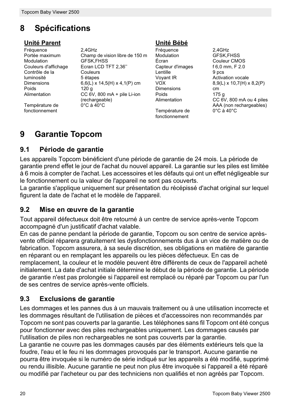 8spécifications 9 garantie topcom | Topcom 2500 User Manual | Page 20 / 104