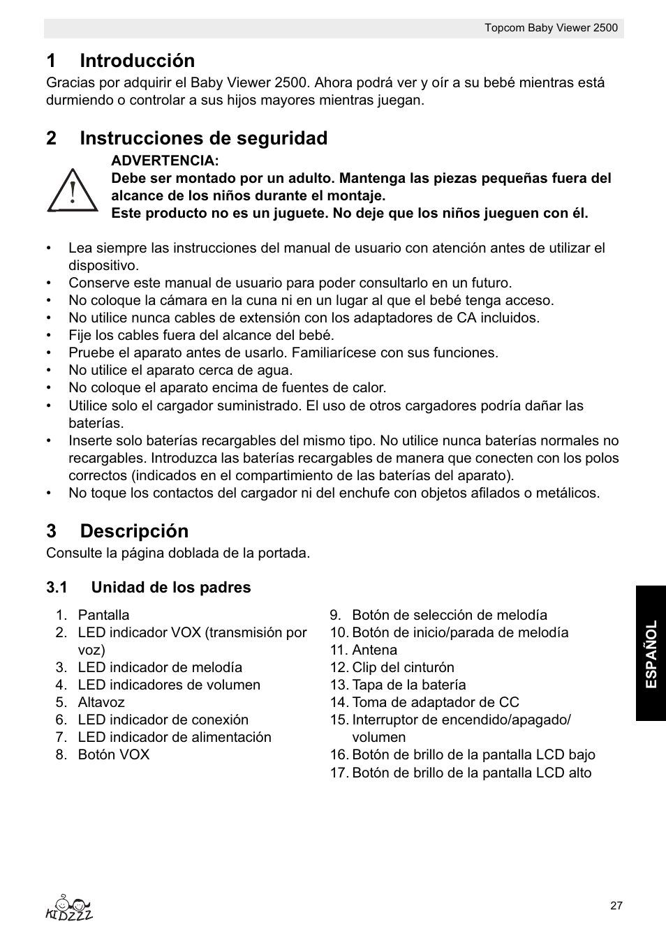 1introducción, 2instrucciones de seguridad, 3descripción | Topcom 2500 User Manual | Page 27 / 104