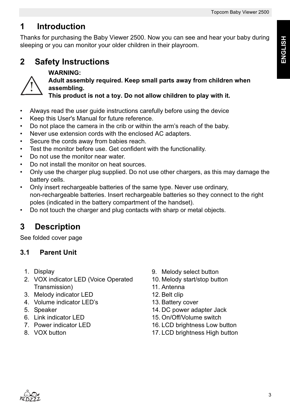 1introduction, 2safety instructions, 3description | Topcom 2500 User Manual | Page 3 / 104