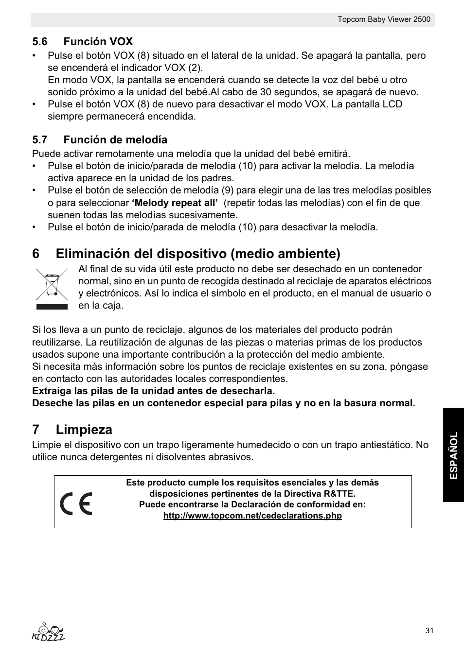 6eliminación del dispositivo (medio ambiente), 7limpieza | Topcom 2500 User Manual | Page 31 / 104