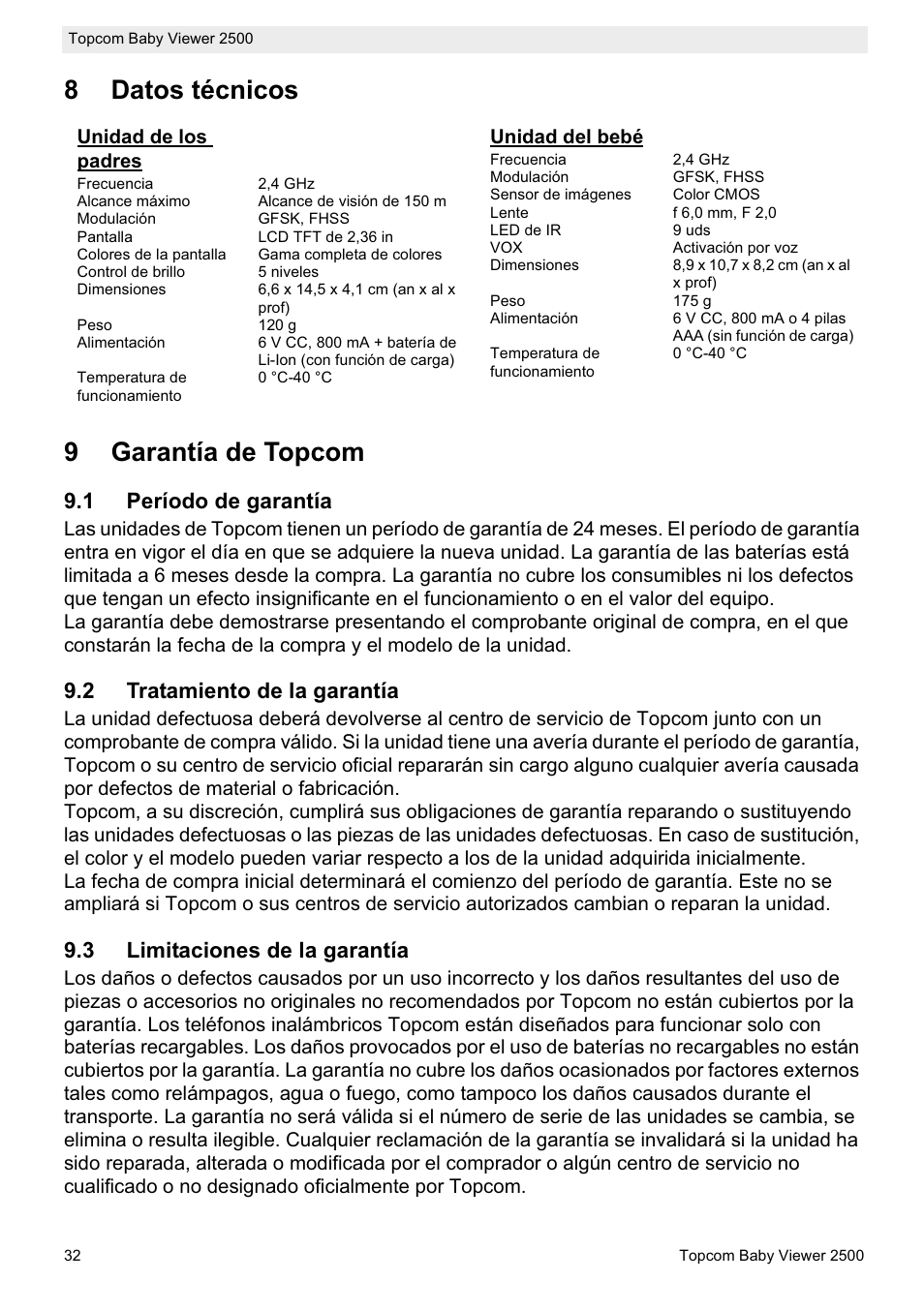 8datos técnicos 9 garantía de topcom | Topcom 2500 User Manual | Page 32 / 104