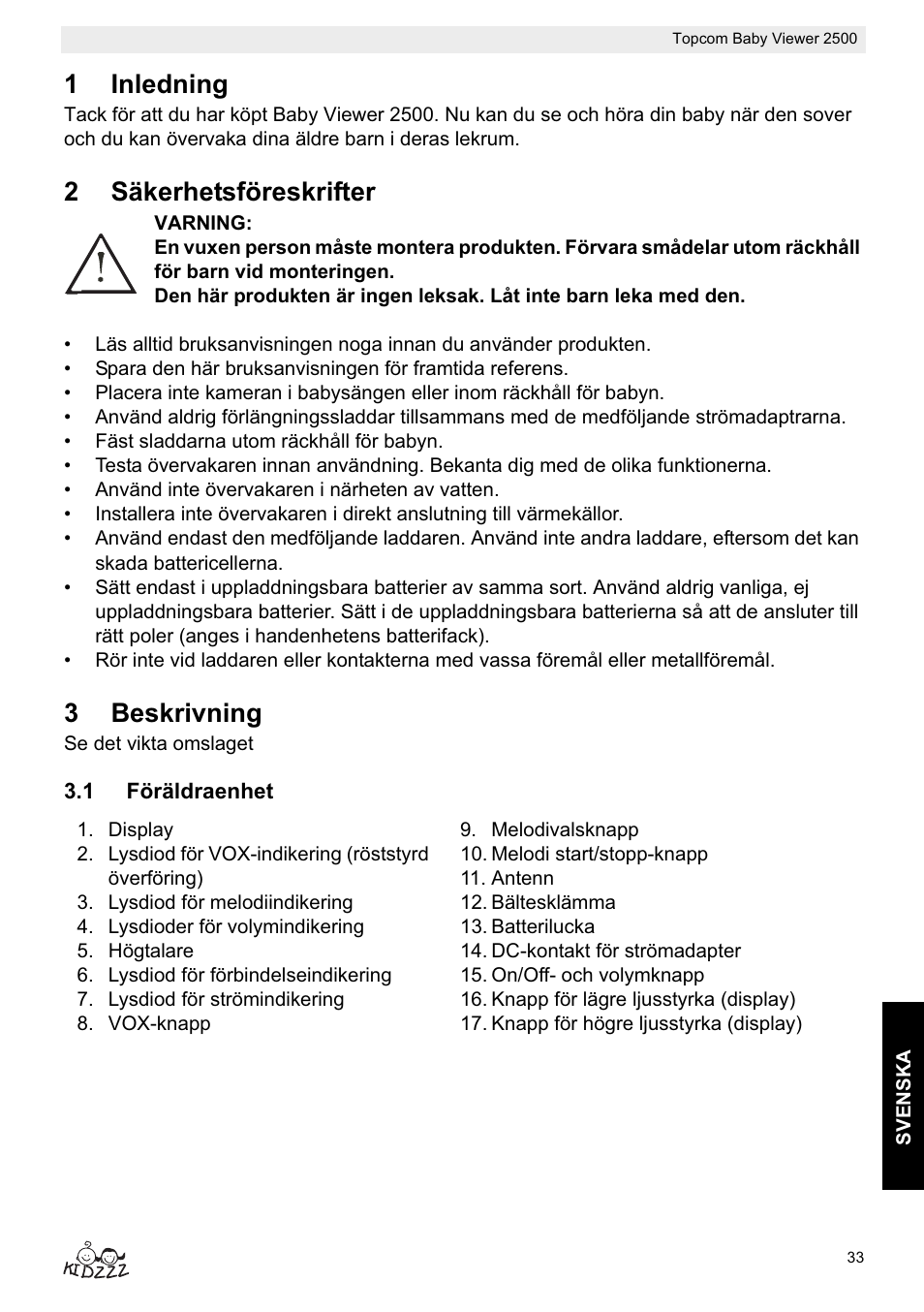 1inledning, 2säkerhetsföreskrifter, 3beskrivning | Topcom 2500 User Manual | Page 33 / 104