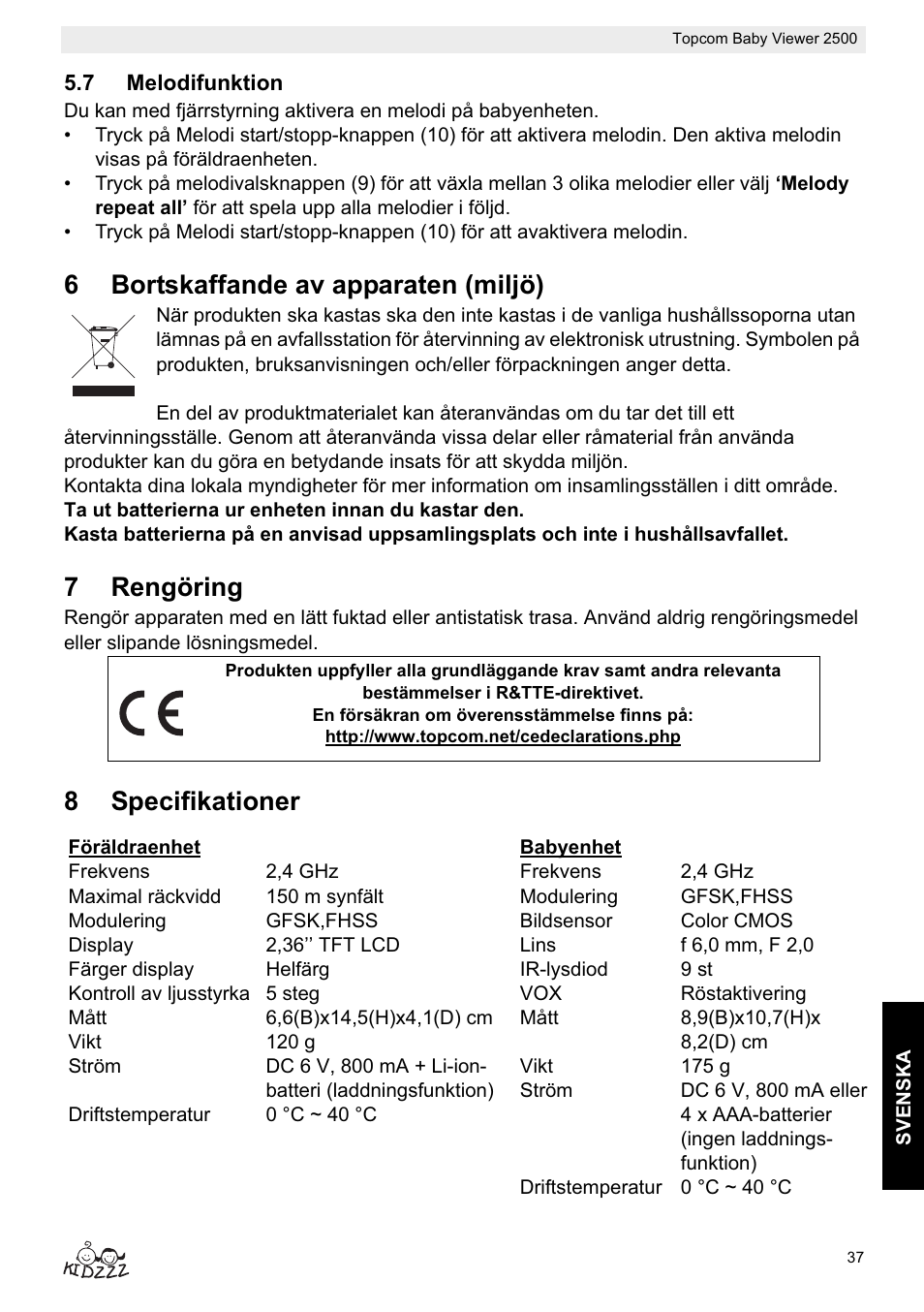 6bortskaffande av apparaten (miljö), 7rengöring, 8specifikationer | Topcom 2500 User Manual | Page 37 / 104