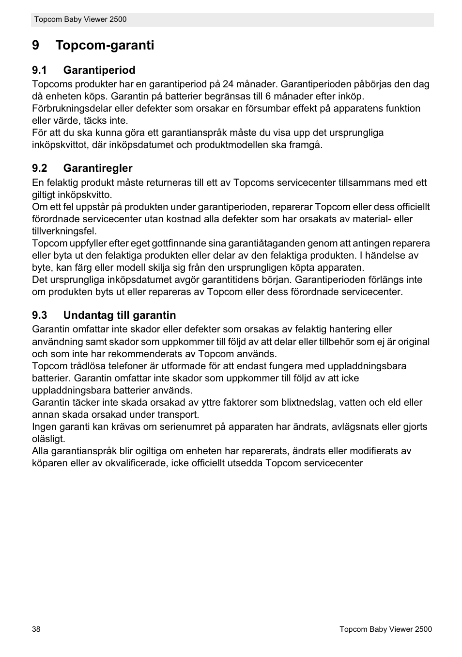 9topcom-garanti | Topcom 2500 User Manual | Page 38 / 104