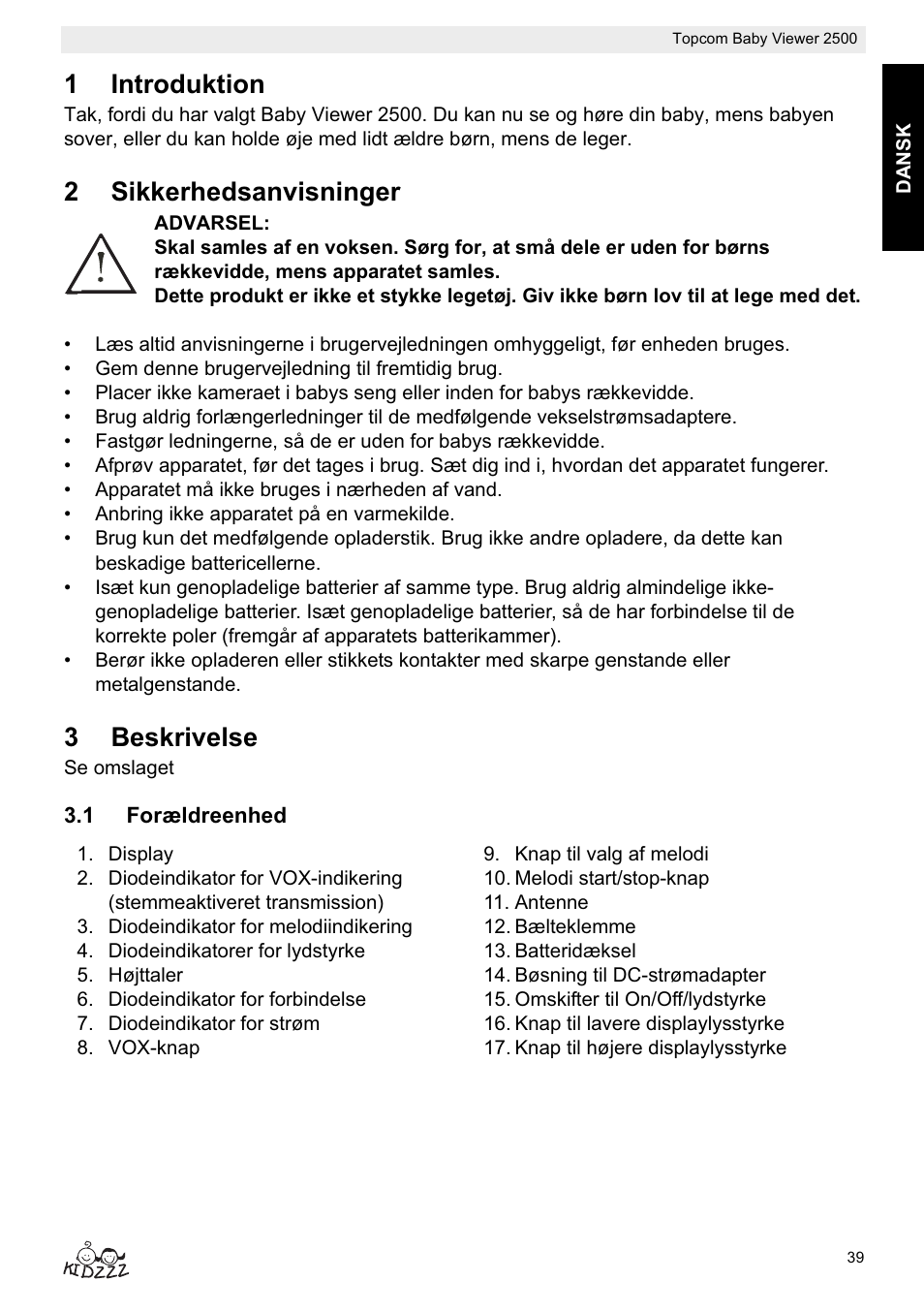 1introduktion, 2sikkerhedsanvisninger, 3beskrivelse | Topcom 2500 User Manual | Page 39 / 104