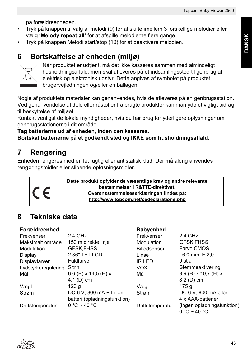 6bortskaffelse af enheden (miljø), 7rengøring, 8tekniske data | Topcom 2500 User Manual | Page 43 / 104