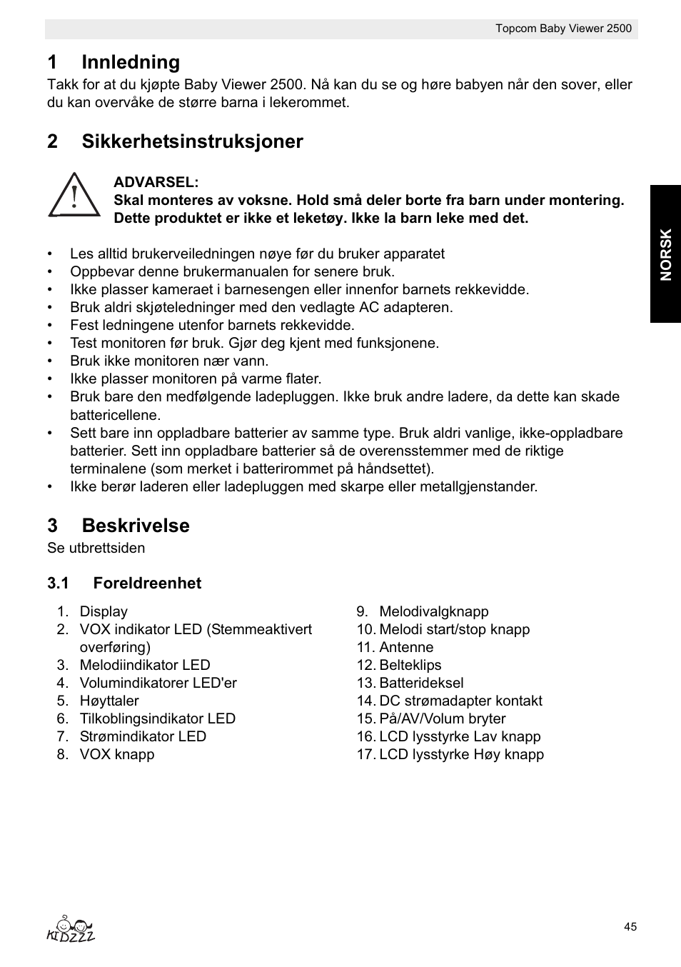 1innledning, 2sikkerhetsinstruksjoner, 3beskrivelse | Topcom 2500 User Manual | Page 45 / 104