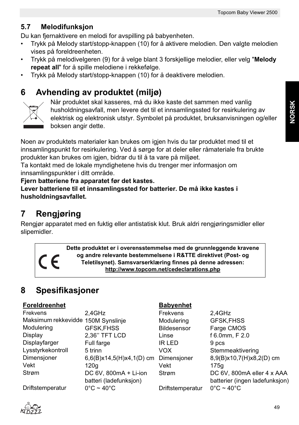 6avhending av produktet (miljø), 7rengjøring, 8spesifikasjoner | Topcom 2500 User Manual | Page 49 / 104