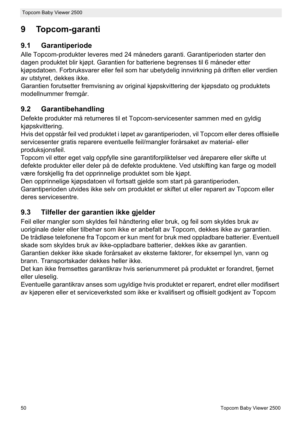 9topcom-garanti | Topcom 2500 User Manual | Page 50 / 104