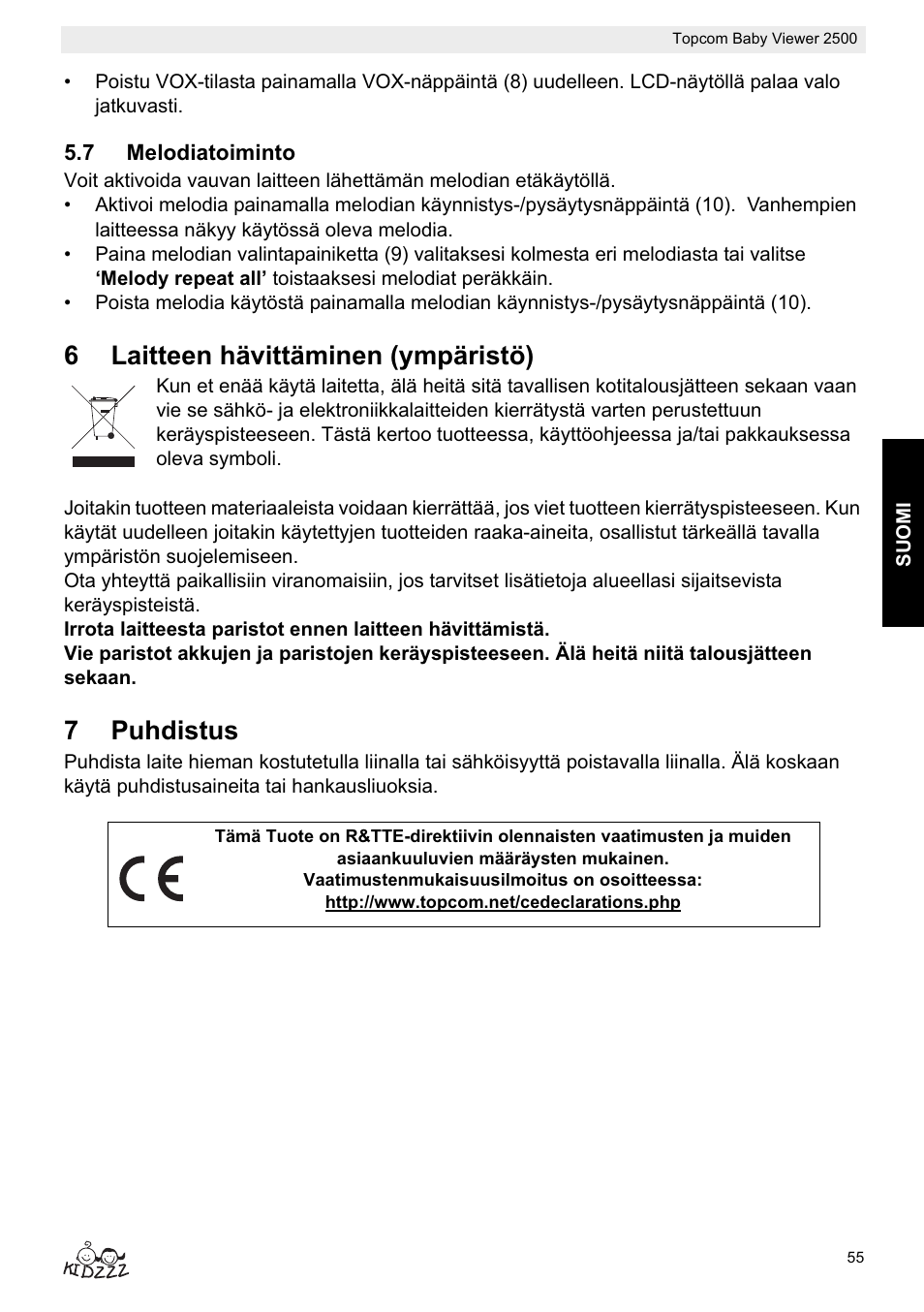 6laitteen hävittäminen (ympäristö), 7puhdistus | Topcom 2500 User Manual | Page 55 / 104