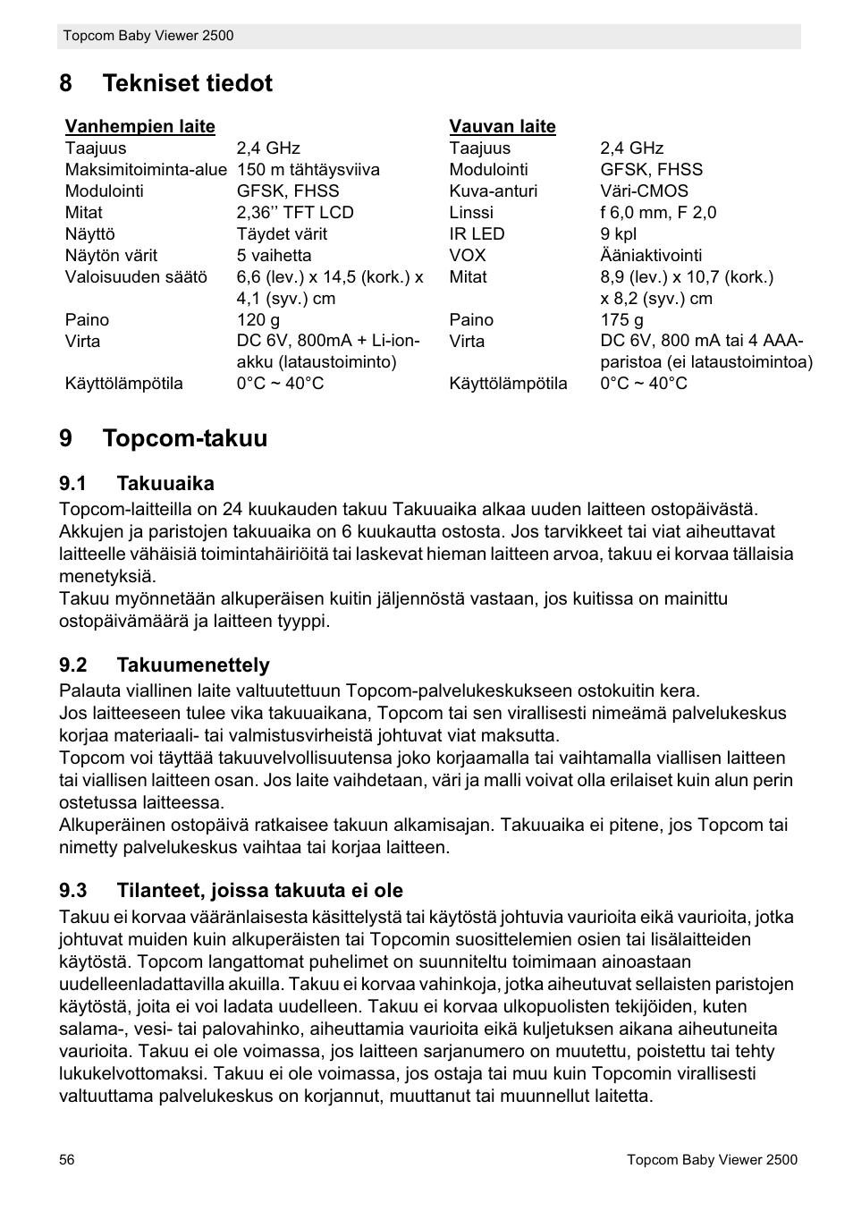 8tekniset tiedot 9 topcom-takuu | Topcom 2500 User Manual | Page 56 / 104