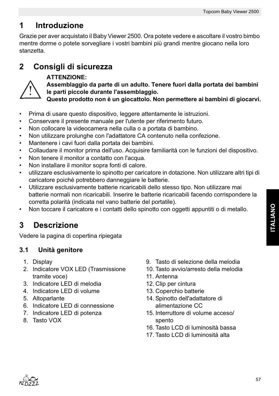 1introduzione, 2consigli di sicurezza, 3descrizione | Topcom 2500 User Manual | Page 57 / 104