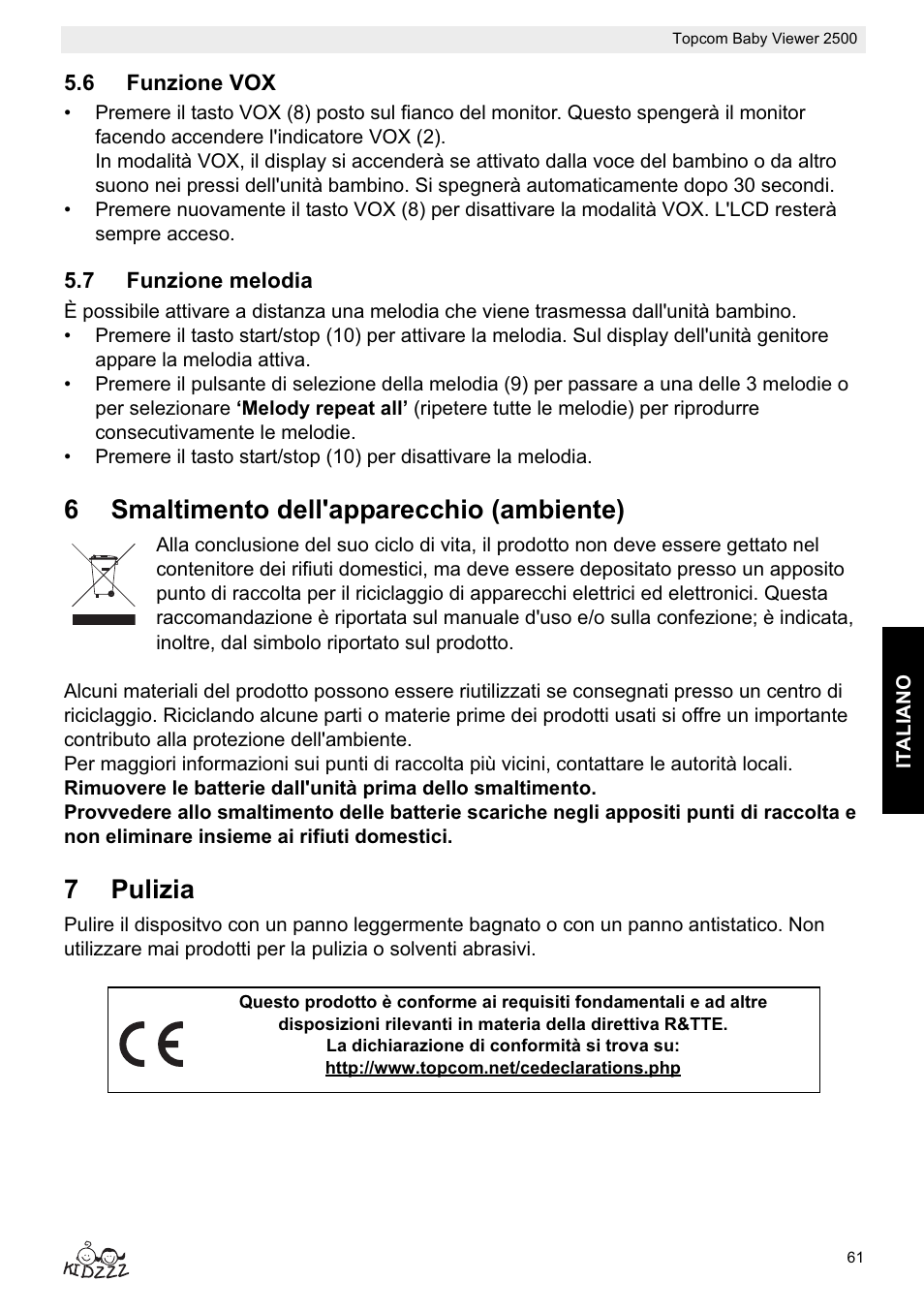 6smaltimento dell'apparecchio (ambiente), 7pulizia | Topcom 2500 User Manual | Page 61 / 104