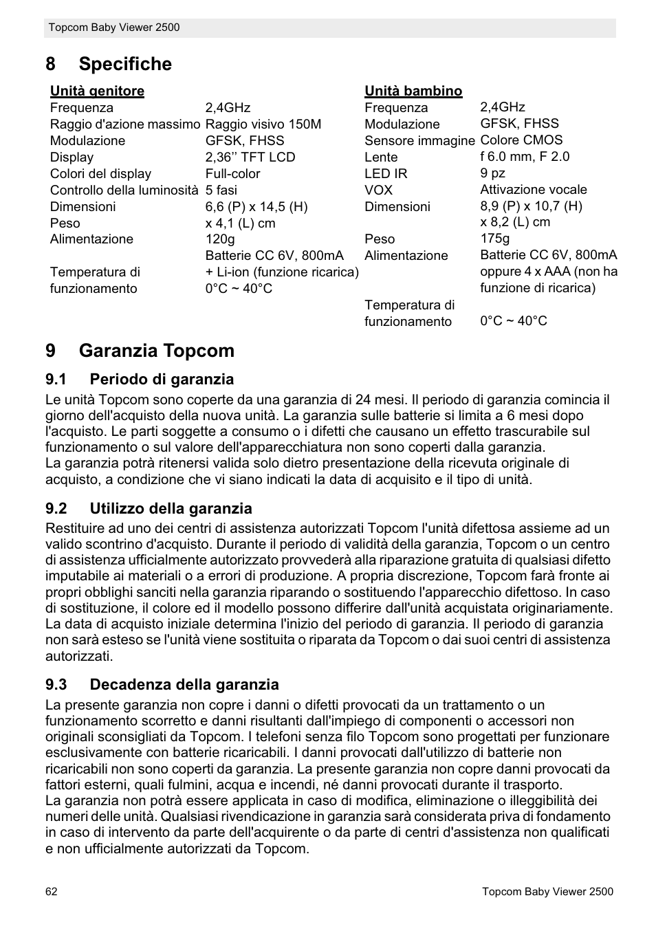 8specifiche 9 garanzia topcom | Topcom 2500 User Manual | Page 62 / 104
