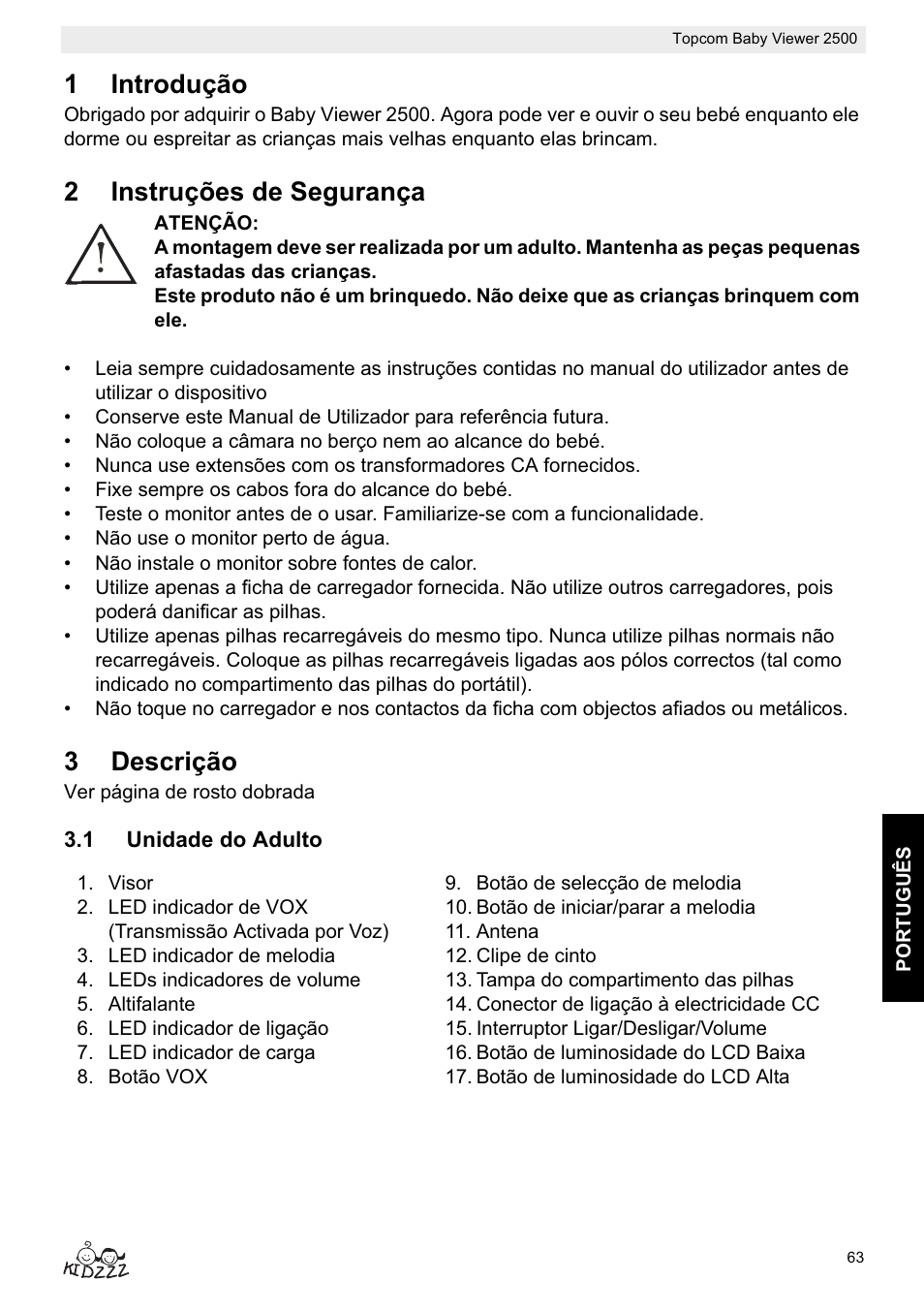 1introdução, 2instruções de segurança, 3descrição | Topcom 2500 User Manual | Page 63 / 104