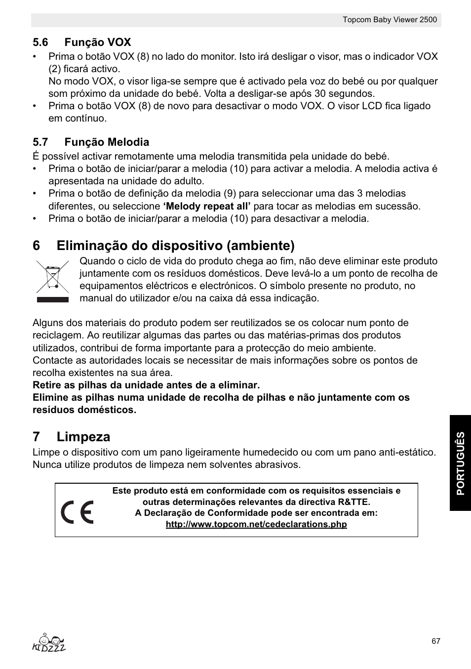 6eliminação do dispositivo (ambiente), 7limpeza | Topcom 2500 User Manual | Page 67 / 104