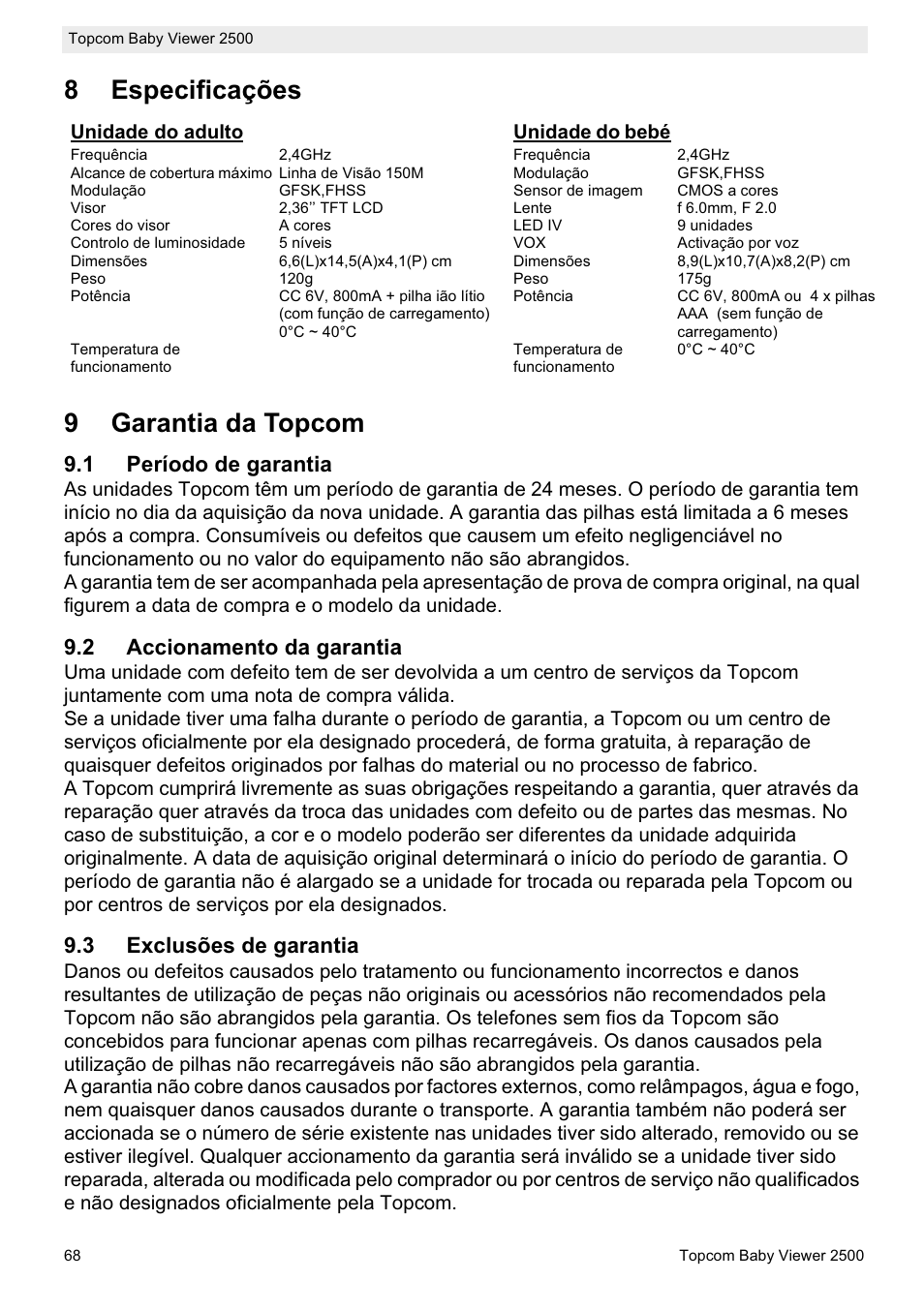 8especificações 9 garantia da topcom | Topcom 2500 User Manual | Page 68 / 104