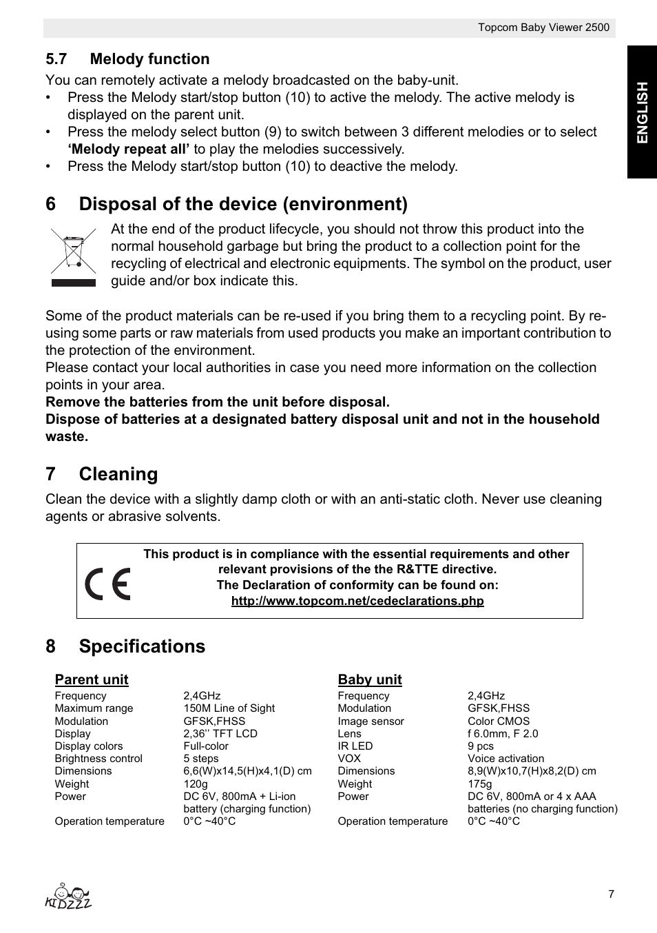 6disposal of the device (environment), 7cleaning, 8specifications | Topcom 2500 User Manual | Page 7 / 104