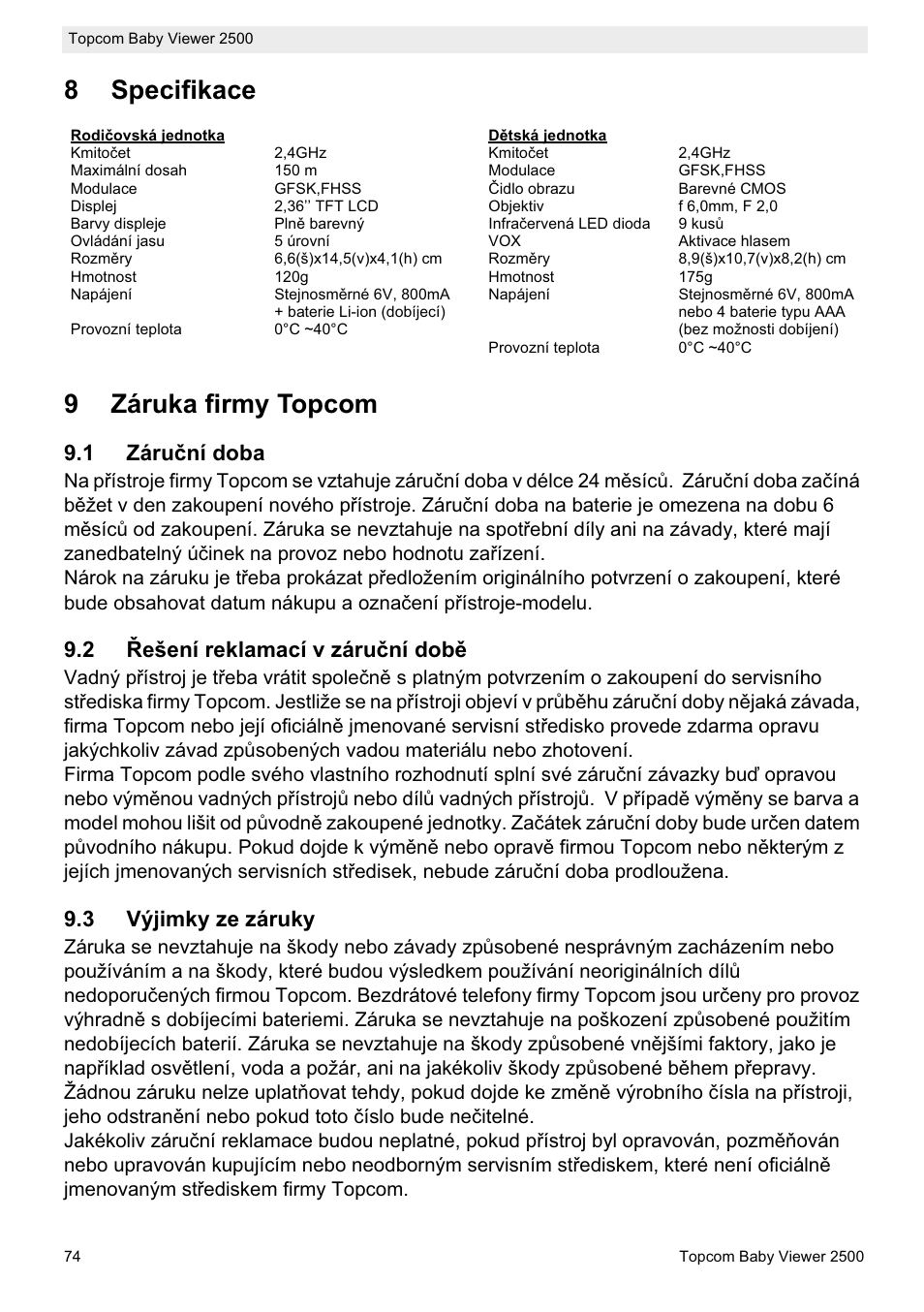 8specifikace 9 záruka firmy topcom | Topcom 2500 User Manual | Page 74 / 104