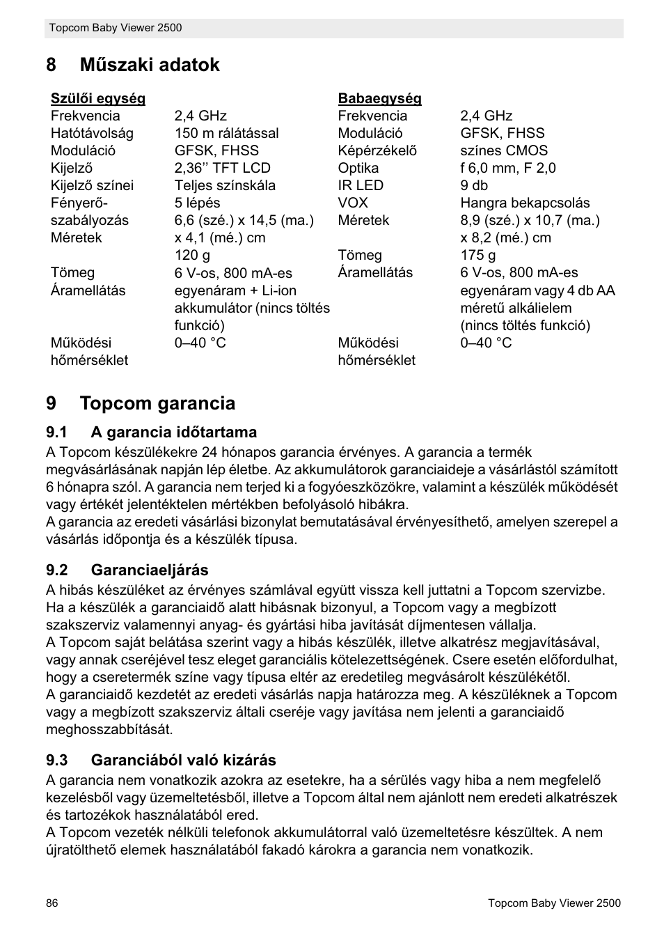 8mħszaki adatok 9 topcom garancia | Topcom 2500 User Manual | Page 86 / 104