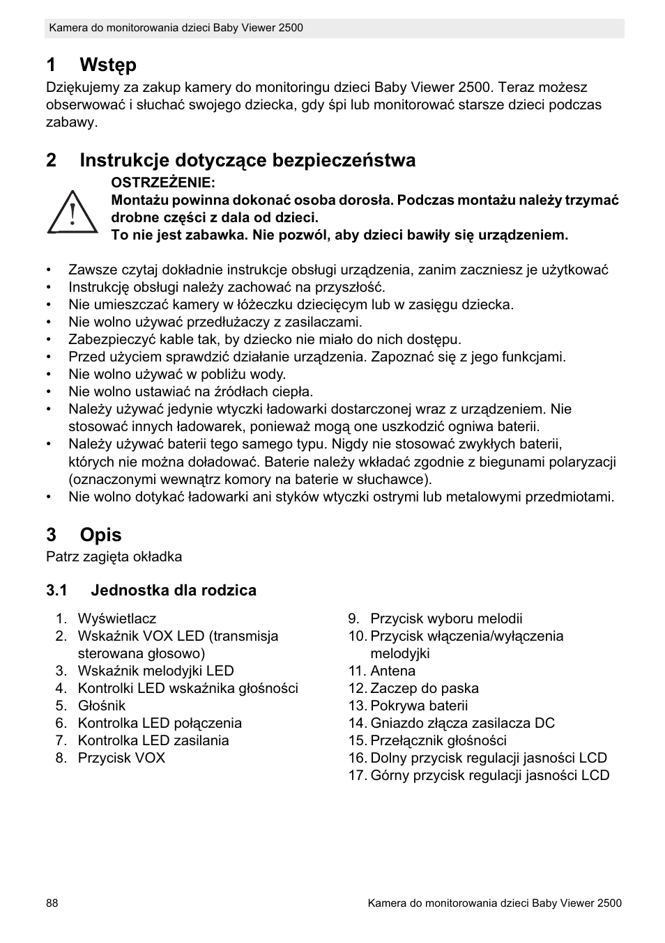 1wstċp, 2instrukcje dotyczące bezpieczeĕstwa, 3opis | Topcom 2500 User Manual | Page 88 / 104