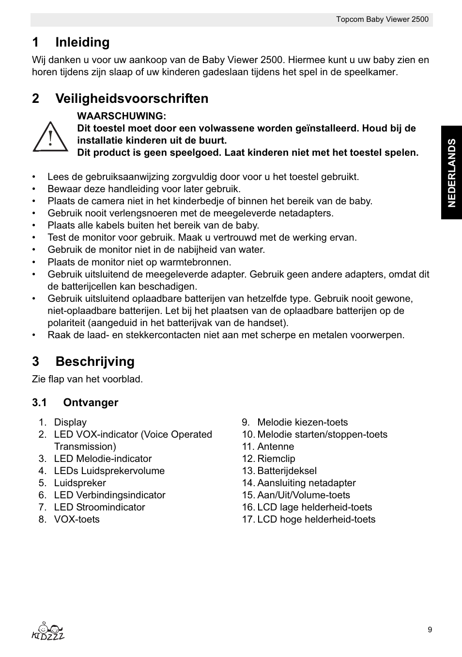 1inleiding, 2veiligheidsvoorschriften, 3beschrijving | Topcom 2500 User Manual | Page 9 / 104