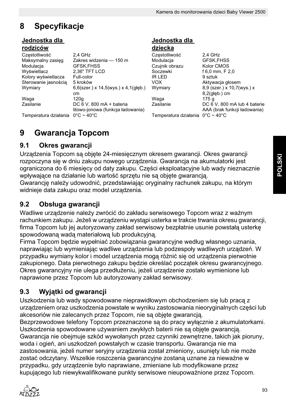 8specyfikacje 9 gwarancja topcom | Topcom 2500 User Manual | Page 93 / 104