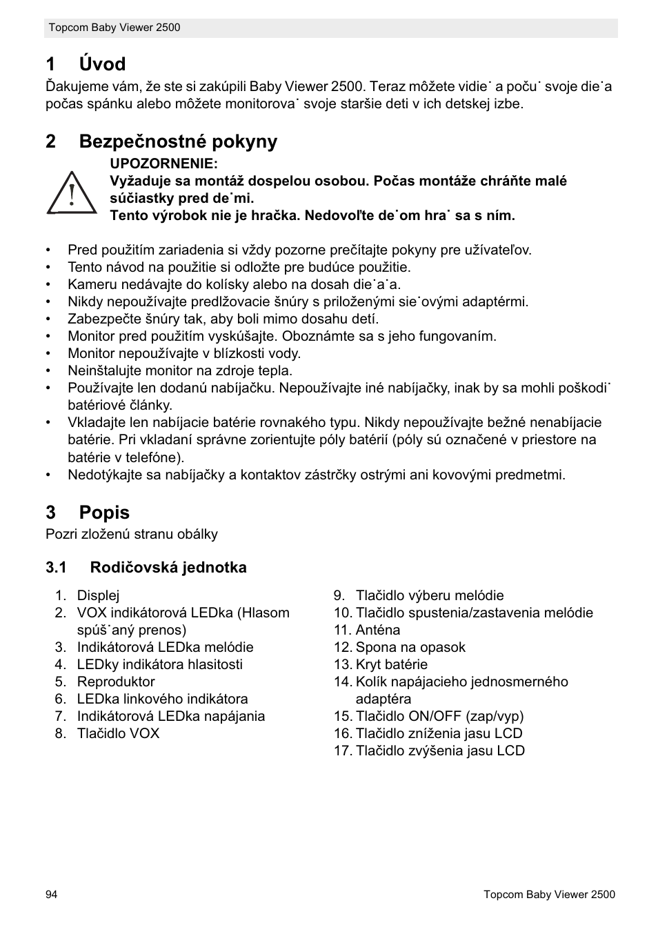 1úvod, 2bezpeþnostné pokyny, 3popis | Topcom 2500 User Manual | Page 94 / 104