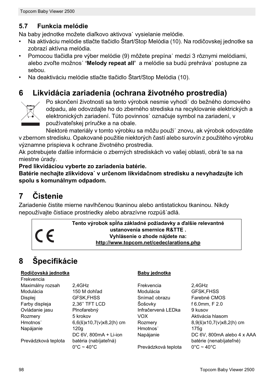 7ýistenie, 8špecifikácie | Topcom 2500 User Manual | Page 98 / 104
