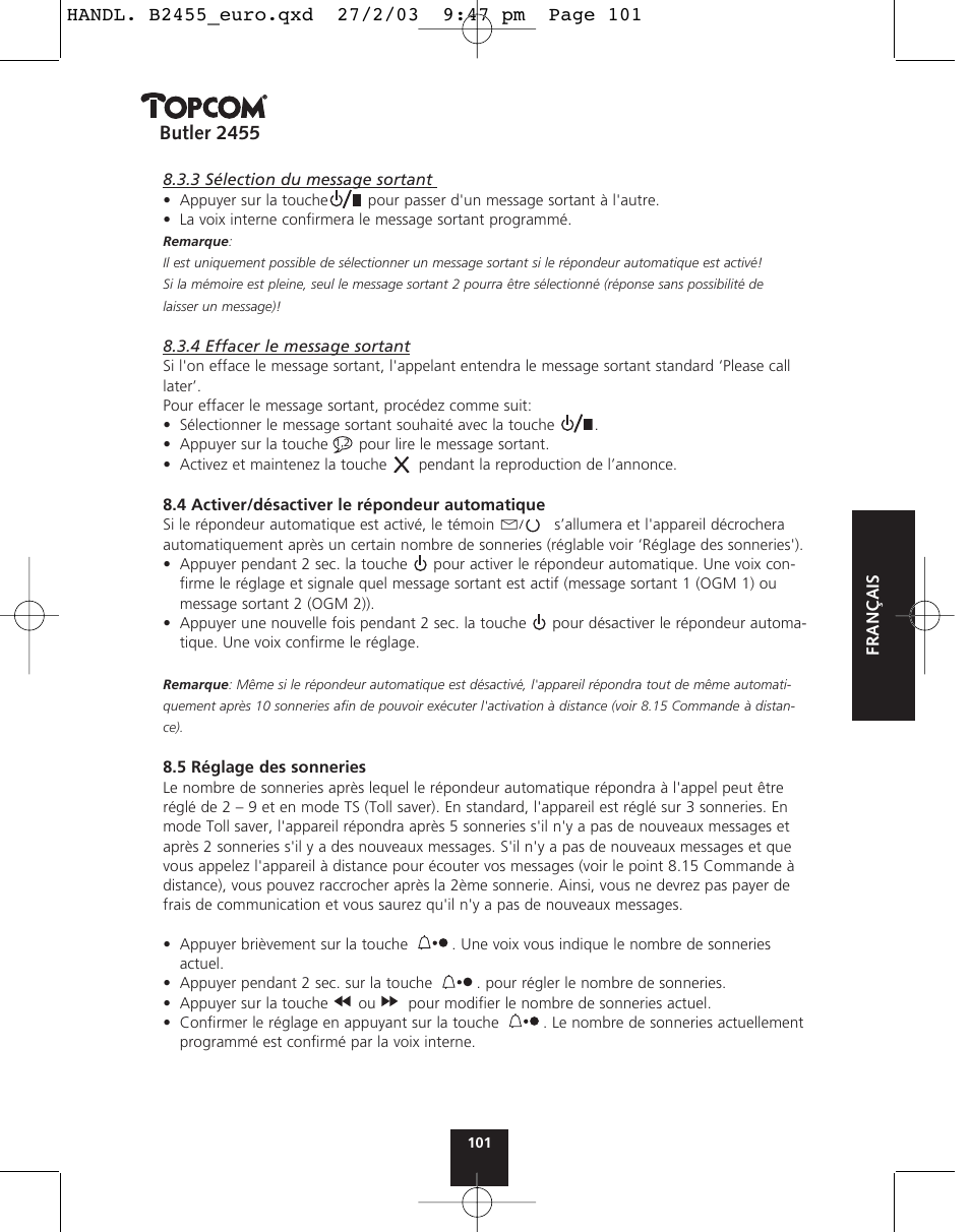 Butler 2455 | Topcom BUTLER 2455 User Manual | Page 101 / 180