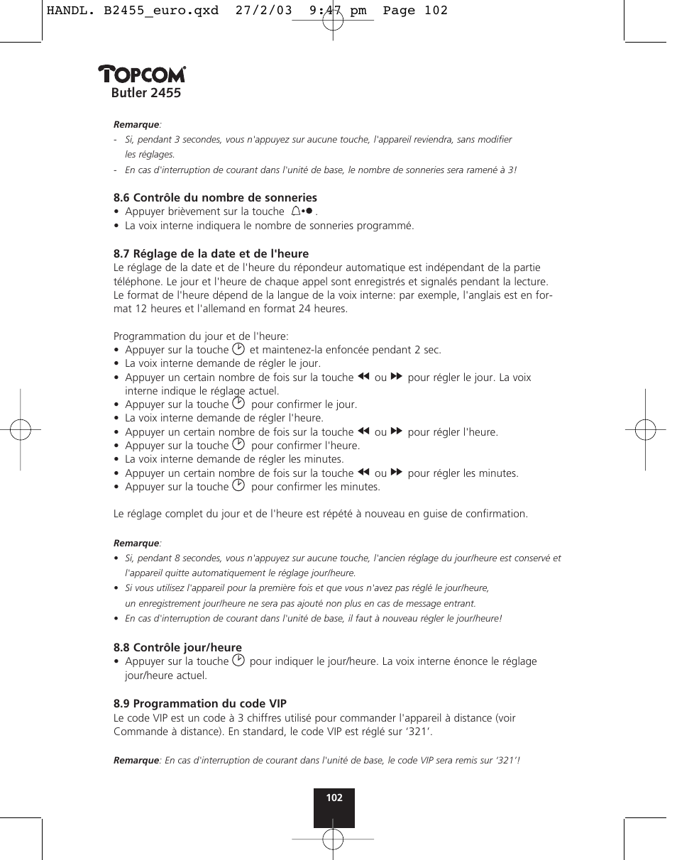 Butler 2455 | Topcom BUTLER 2455 User Manual | Page 102 / 180