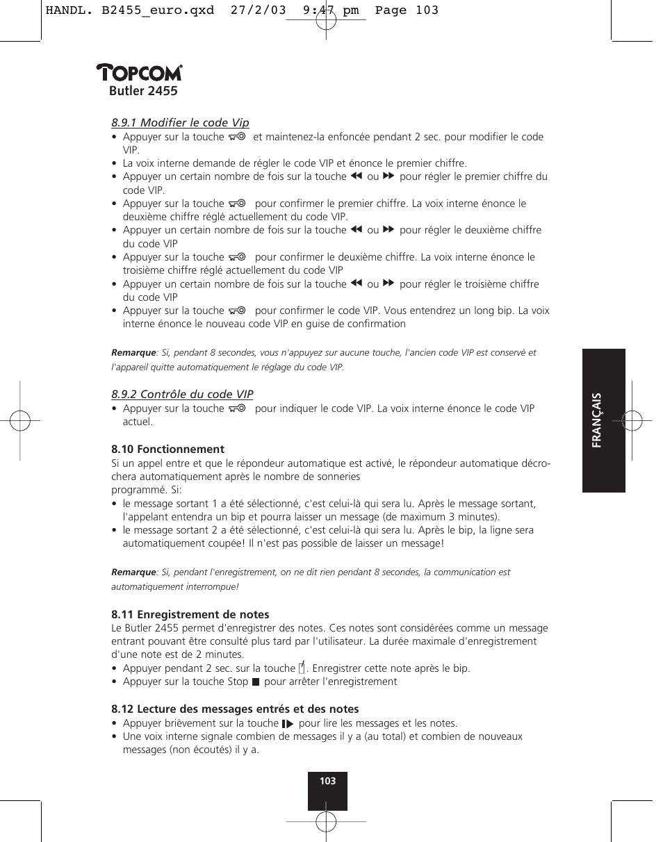 Butler 2455 | Topcom BUTLER 2455 User Manual | Page 103 / 180