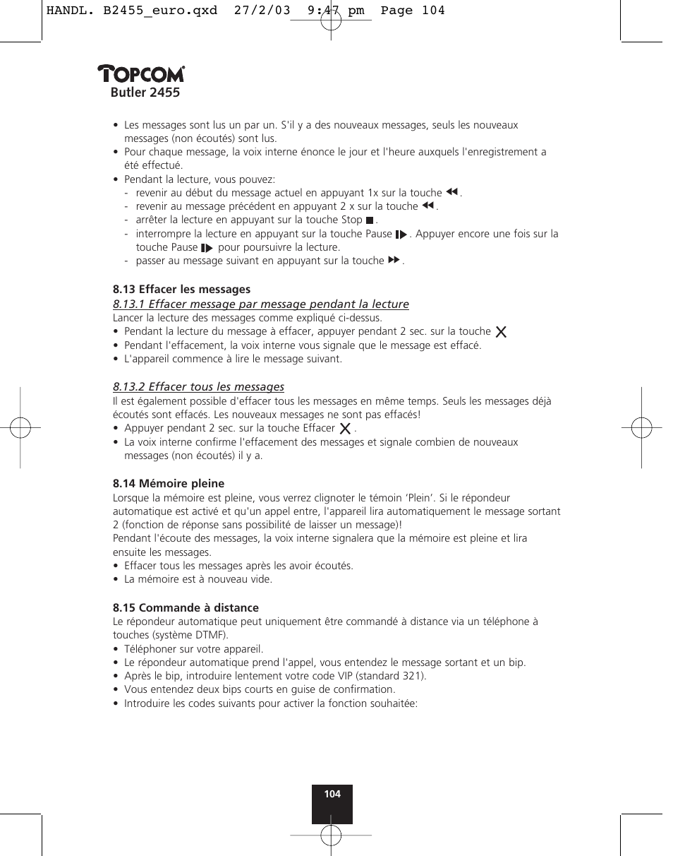 Butler 2455 | Topcom BUTLER 2455 User Manual | Page 104 / 180