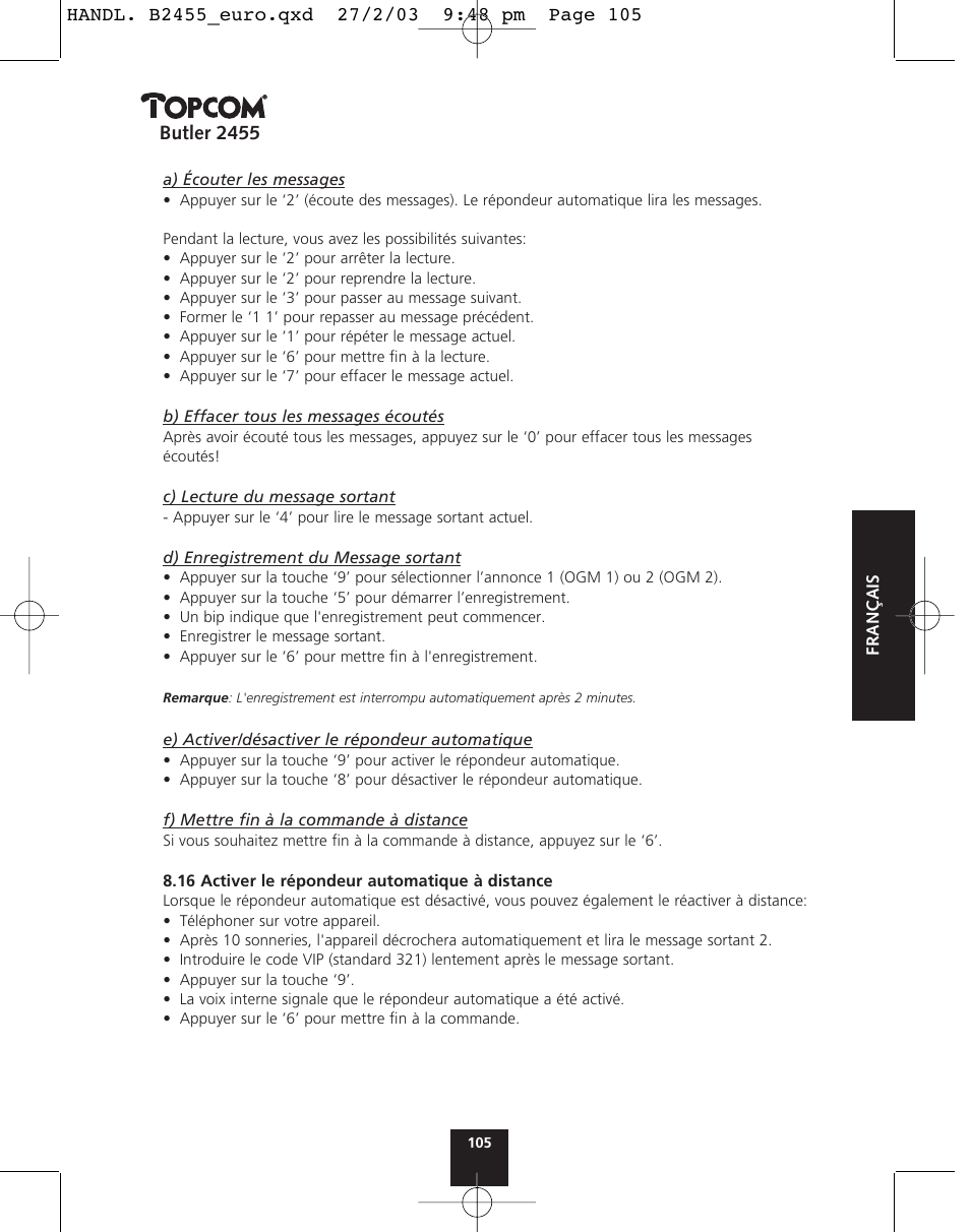 Butler 2455 | Topcom BUTLER 2455 User Manual | Page 105 / 180