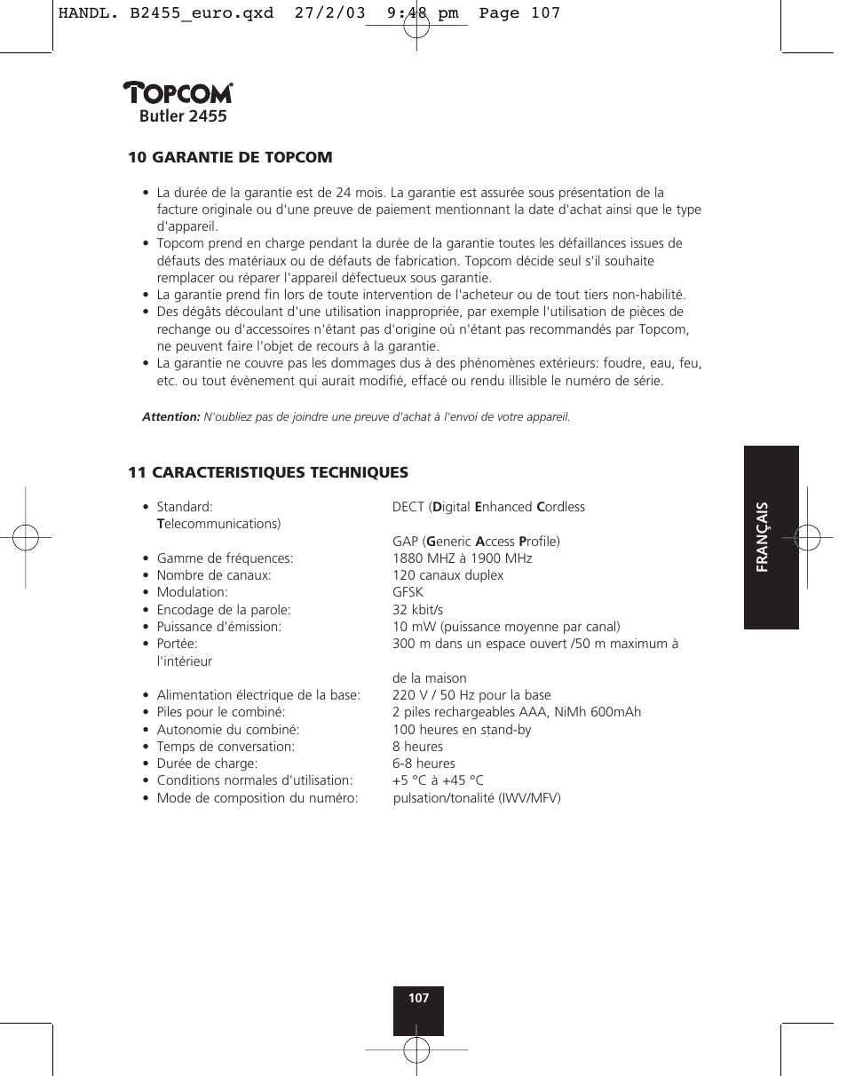 Butler 2455 | Topcom BUTLER 2455 User Manual | Page 107 / 180
