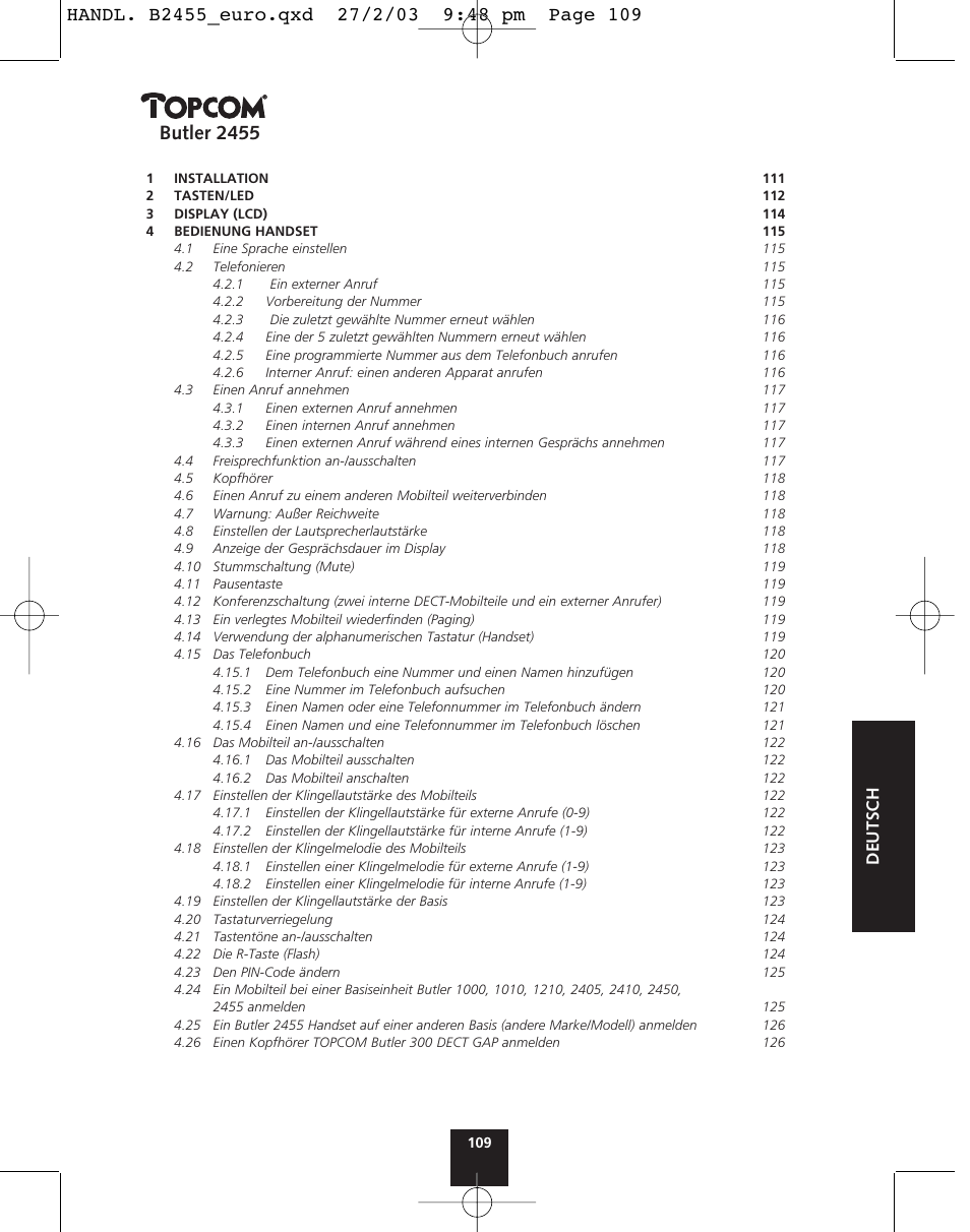 Butler 2455, Deutsch | Topcom BUTLER 2455 User Manual | Page 109 / 180